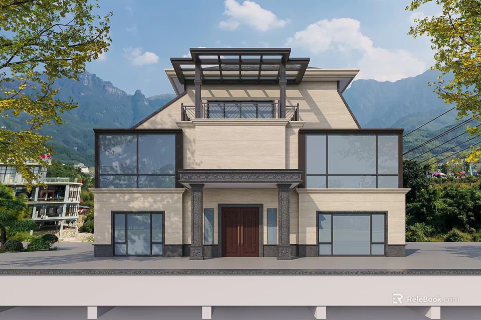 Modern Detached Villa Exterior Design With Stone Facade Large Glass Windows And Mountain View 3d model 