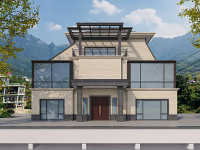 Modern Detached Villa Exterior Design With Stone Facade Large Glass Windows And Mountain View 3d model