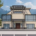 Modern Detached Villa Exterior Design With Stone Facade Large Glass Windows And Mountain View
