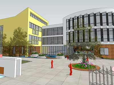 Modern Kindergarten With Round Building Large Windows Green Plants And Playground 3d model