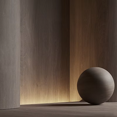 Minimalist Reception Background Wall With Wooden Texture Warm Lighting And Decorative Sphere 3d model