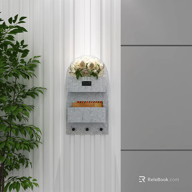 Public Facility Wall Mounted Mailbox With Flower Decoration Gray White Design And Green Plants 3d model 
