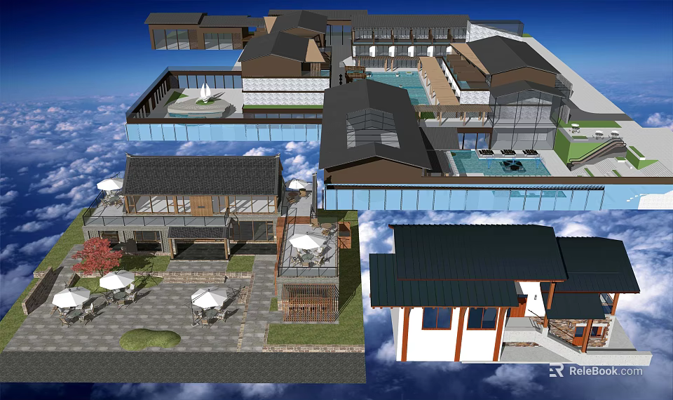 Traditional Modern Homestay Building With Courtyard Pool Glass Facade And Roof Design 3d model 