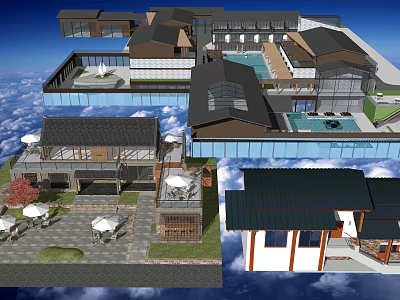 Traditional Modern Homestay Building With Courtyard Pool Glass Facade And Roof Design 3d model