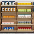 Supermarket Display Shelves Featuring Organized Layers Of Various Colored Packaged Goods