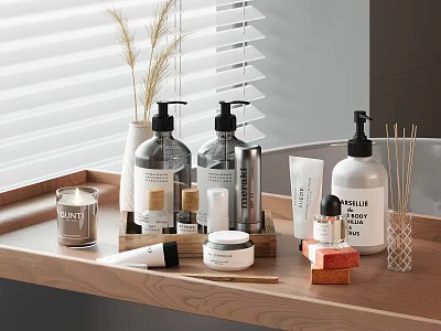 Bathroom Daily Washing Essentials In Wooden Tray With Soap Bottles Candle And Reed Diffuser 3d model