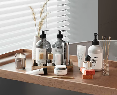 Bathroom Daily Washing Essentials In Wooden Tray With Soap Bottles Candle And Reed Diffuser 3d model