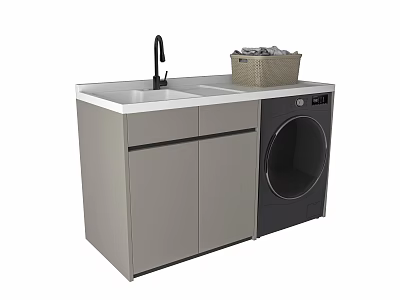 Modern Bathroom Cabinet With Grey White Countertop Black Faucet Sink Washing Machine And Laundry Basket 3d model