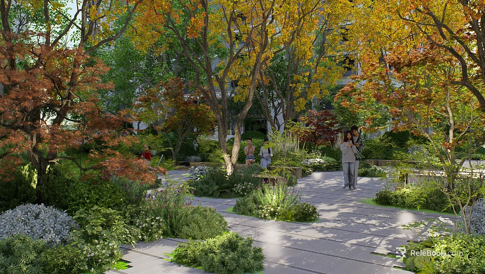 Residential Landscape With Vibrant Autumn Trees Stone Path And Greenery For Residents 3d model 