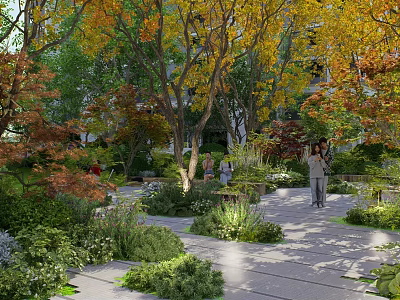 Residential Landscape With Vibrant Autumn Trees Stone Path And Greenery For Residents 3d model