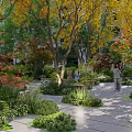 Residential Landscape With Vibrant Autumn Trees Stone Path And Greenery For Residents