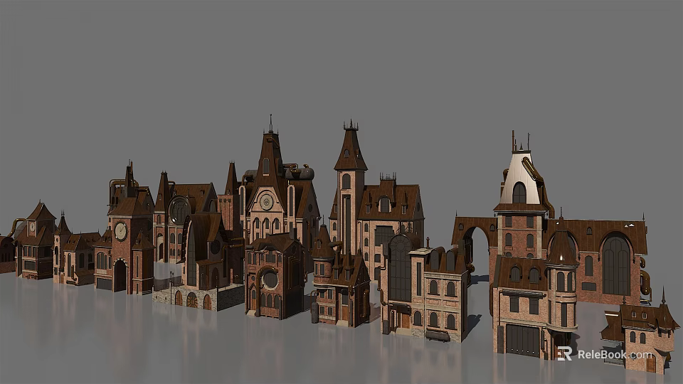 European Style Architecture With Various Classic Buildings Towers Spires And Arched Doors 3d model 
