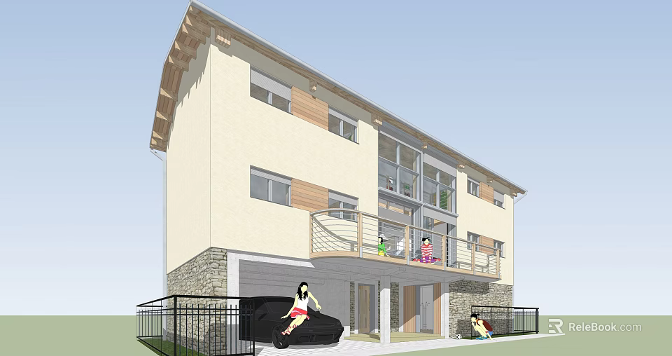 Modern Two Story Detached House With Balcony Garage And Light Colored Exterior 3d model 