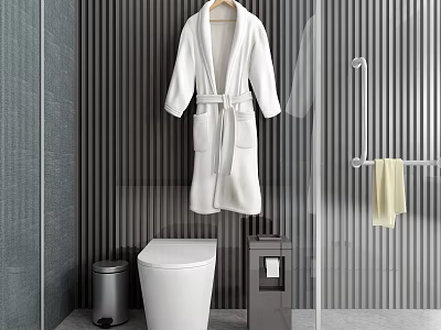 Modern Toilet in Bathroom with White Bathrobe Grey Striped Wall Glass Shower and Yellow Towel 3d model