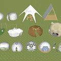 Unique Campsite With Various Shaped Tents Surrounded By Trees And Red Cliffs At Dusk