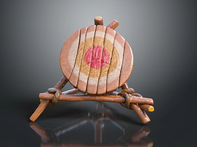 Wooden Archery Target Equipment With Circular Face Red Yellow Concentric Circles And Rope Fastened Stand 3d model