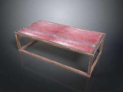 Modern Wooden Dining Table With Red Planked Tabletop And Simple Wooden Legs 3d model