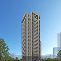 Modern High Rise Residential Building Exterior With Blue Sky And Green Trees