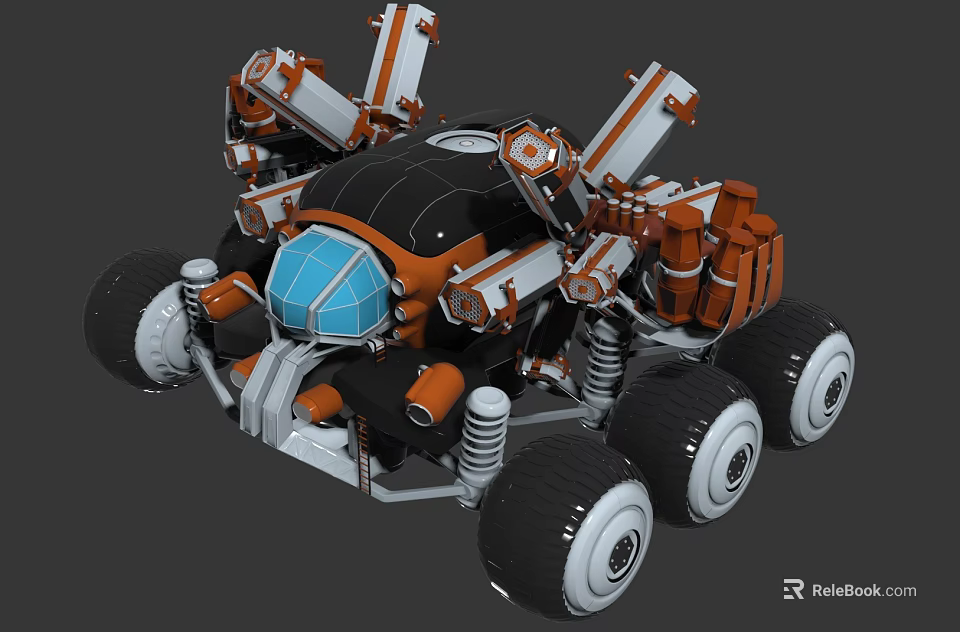 Orange Black Robotic Vehicle With Mechanical Arms Large Wheels Blue Transparent Dome 3d model 