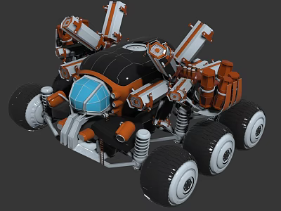 Orange Black Robotic Vehicle With Mechanical Arms Large Wheels Blue Transparent Dome 3d model