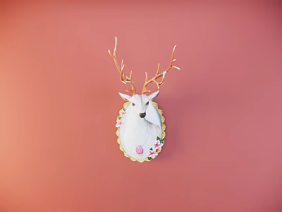 Elegant White Deer Head Animal Wall Decor With Gold Antlers And Pink Floral Frame 3d model