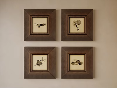 Four Brown Framed Botanical Artwork With Fruit Designs Hanging On Light Wall 3d model