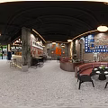 Modern Open Café Interior With Glass Doors Bar Stools Terrazzo Flooring And Pendant Lights