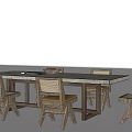 Modern Dining Table Set With Marble Top And Woven Back Wooden Chairs