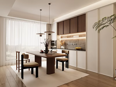 Modern Restaurant Open Kitchen Interior With Dining Table Chairs Pendant Lights Window View And Plant 3d model