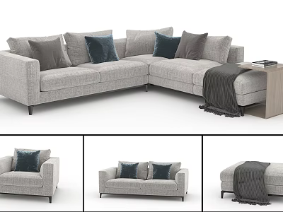 L shaped Gray Sofa Set with Multiple Cushions Navy Accents Side Table and Throw Blanket 3d model