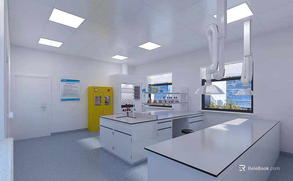 Clean White Laboratory Interior Design With Lab Benches Ventilation Hoods Yellow Cabinets And Blue Posters 3d model 