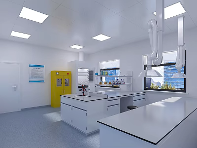 Clean White Laboratory Interior Design With Lab Benches Ventilation Hoods Yellow Cabinets And Blue Posters 3d model