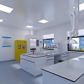 Clean White Laboratory Interior Design With Lab Benches Ventilation Hoods Yellow Cabinets And Blue Posters