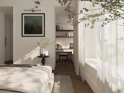 Light Filled White Bedroom With Bed Desk Chair Plant Herringbone Floor And Window Curtains 3d model