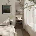 Light Filled White Bedroom With Bed Desk Chair Plant Herringbone Floor And Window Curtains