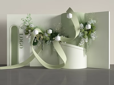 Modern Elegant Floral Installation With Green Backdrop White Blooms Green Ribbons And White Candles 3d model