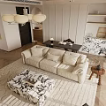 Modern Cozy Living Dining Room Interior With Beige Sofa Patterned Rug And Chandelier