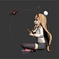 Anime Character With Black Horns Long Blonde Hair Holding Device Red Drone And White Ball