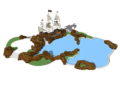 Wooden Ship with Sails and Flag Near Rocky Island Water Area and Green Grass 3d model