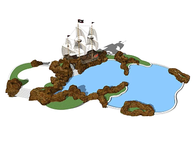 Wooden Ship with Sails and Flag Near Rocky Island Water Area and Green Grass 3d model