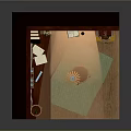 Cartoon Scene of Miniature Room with Brick Wall Hanging Lamp Plants Desk Stool and Bookshelf