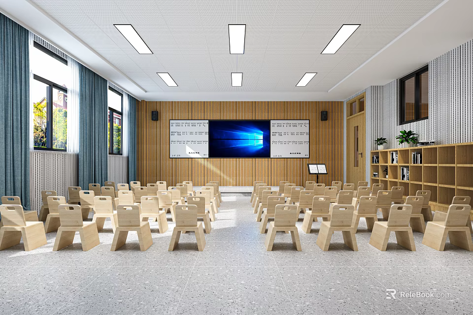 School Classroom With Bright Windows Rows Of Wooden Chairs Large Screen And Bookshelves 3d model 