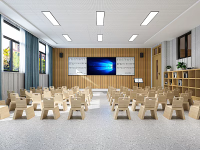 School Classroom With Bright Windows Rows Of Wooden Chairs Large Screen And Bookshelves 3d model