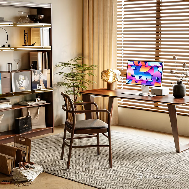 Elegant Modern Home Office Interior With Wooden Desk Chair Computer Plant And Bookshelves 3d model 