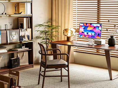Elegant Modern Home Office Interior With Wooden Desk Chair Computer Plant And Bookshelves 3d model