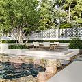 Garden Landscape with Small Pond Stones Green Trees White Building Lattice Wall and Patio Seats