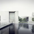 Modern White Sales Office Building With Unique Geometric Design And Tree Surrounded Landscape