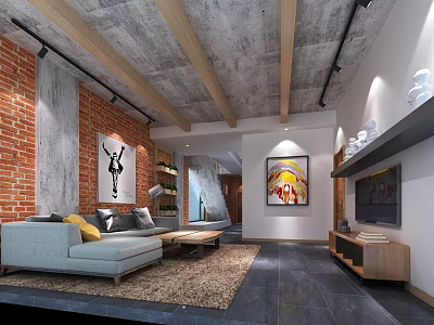 Modern Industrial Living Room With Brick Wall Concrete Ceiling Wooden Beams And Gray Sofa 3d model