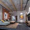 Modern Industrial Living Room With Brick Wall Concrete Ceiling Wooden Beams And Gray Sofa