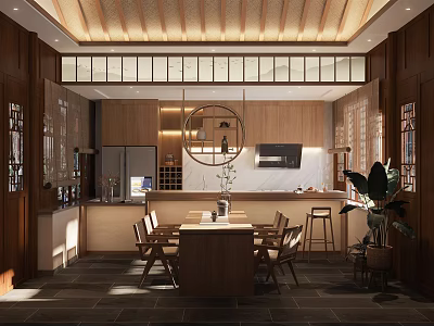 Traditional Chinese Kitchen Interior With Wooden Cabinets Dining Table And Hanging Light 3d model